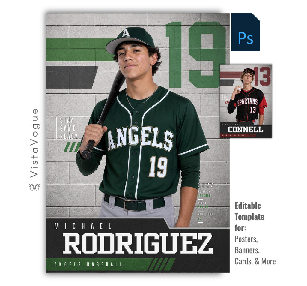 Editable baseball poster Photoshop template featuring a textured gym wall background, oversized jersey number, varsity-inspired graphics, customizable player information, and a modern 5:7 sports design.