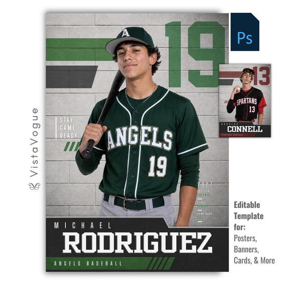 Editable baseball poster Photoshop template featuring a textured gym wall background, oversized jersey number, varsity-inspired graphics, customizable player information, and a modern 5:7 sports design.