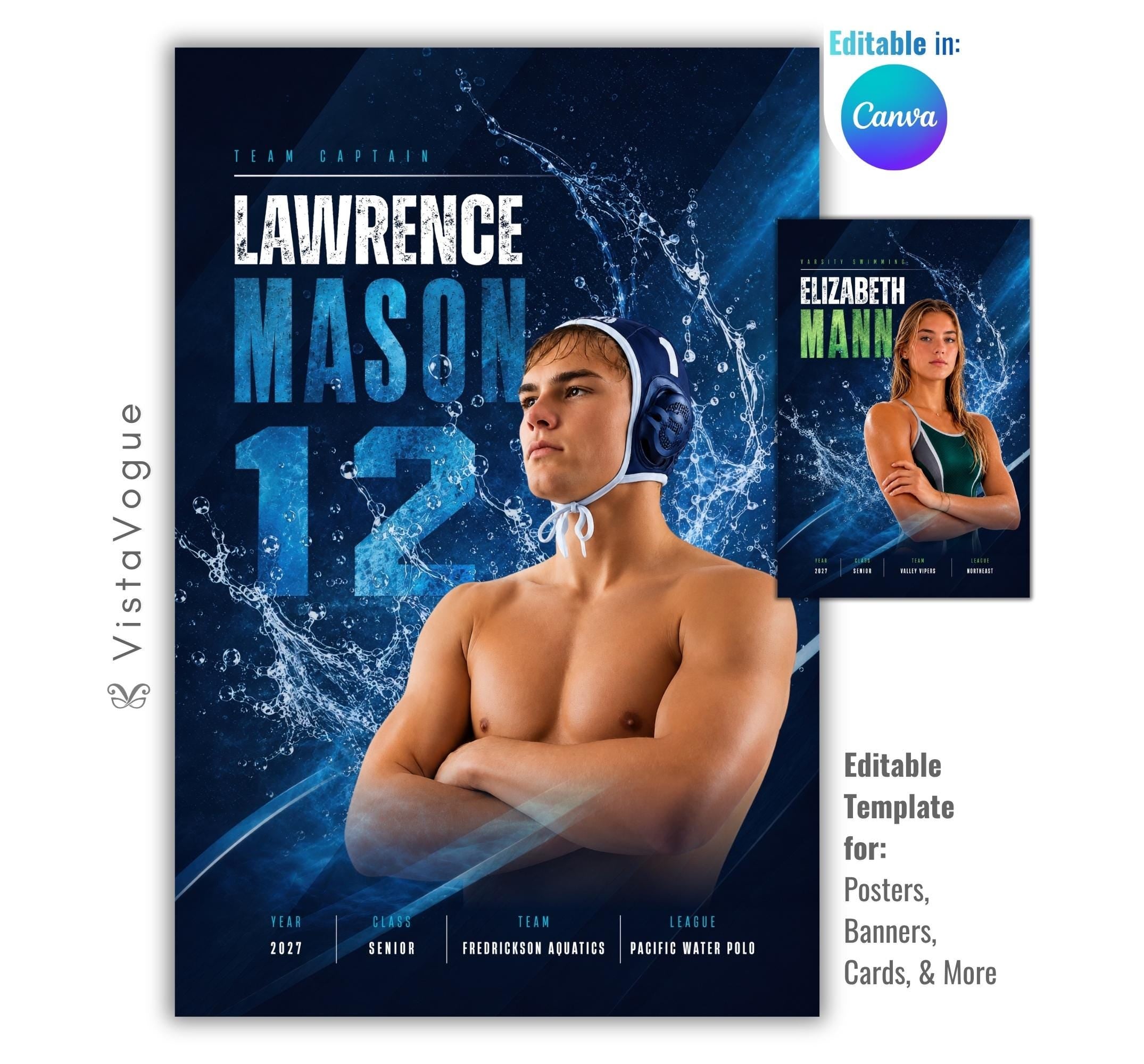Editable water polo and swimmer poster Canva template featuring dramatic water splash effects, oversized jersey number, customizable player information, and modern athlete recognition design.