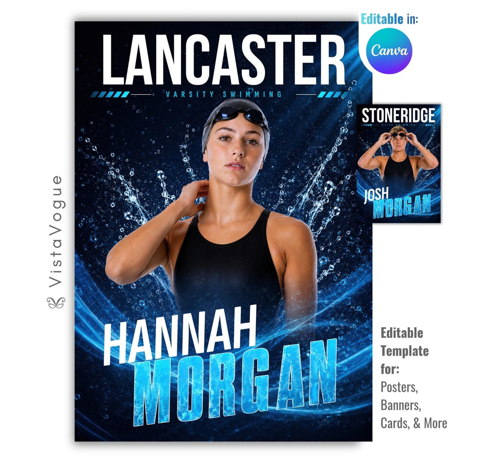 Editable swimming poster Canva template featuring dynamic water splash effects, oversized athlete typography, customizable swimmer information, and a modern 5:7 sports poster design.
