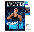 Editable swimming poster Canva template featuring dynamic water splash effects, oversized athlete typography, customizable swimmer information, and a modern 5:7 sports poster design.