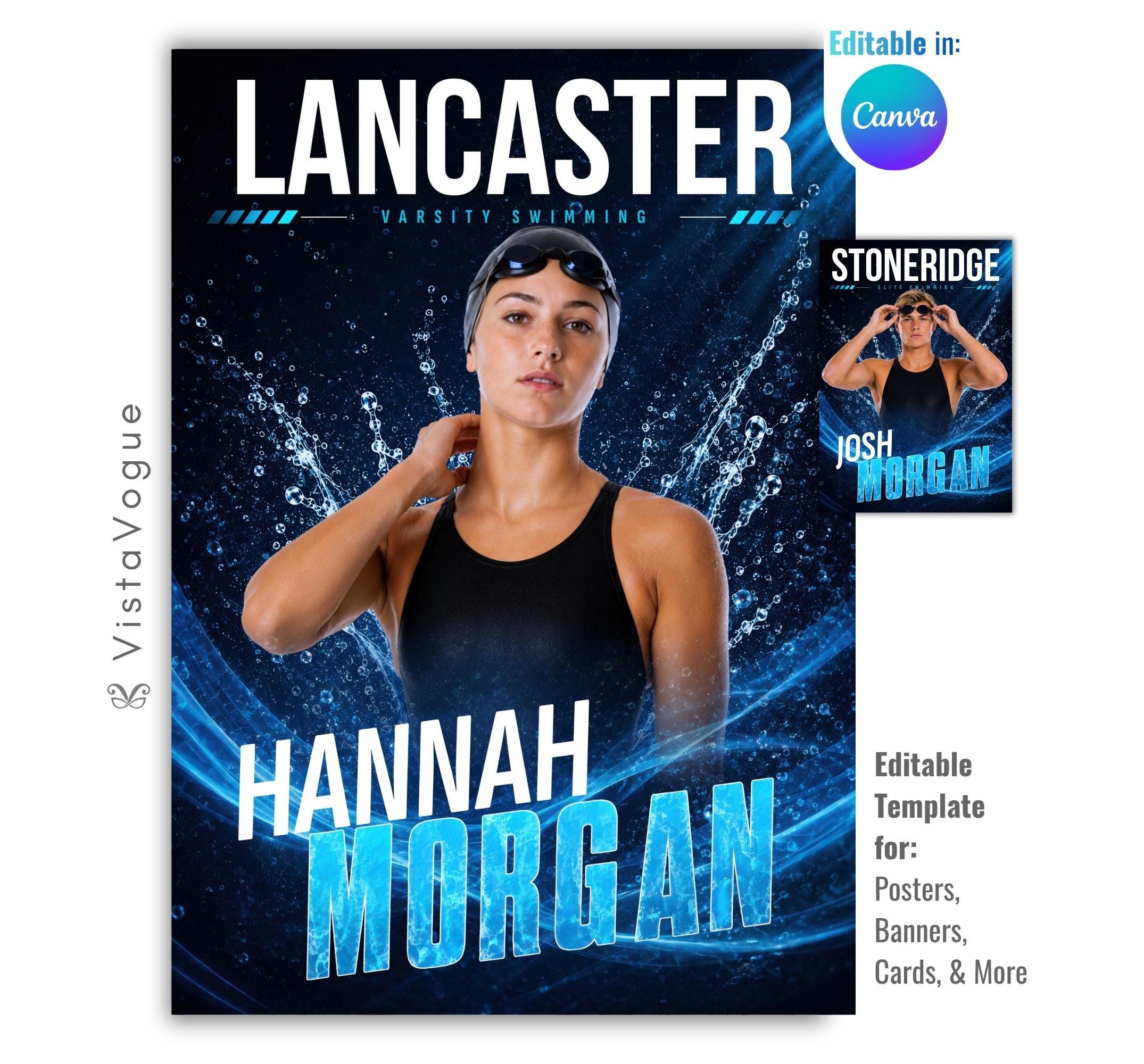 Editable swimming poster Canva template featuring dynamic water splash effects, oversized athlete typography, customizable swimmer information, and a modern 5:7 sports poster design.