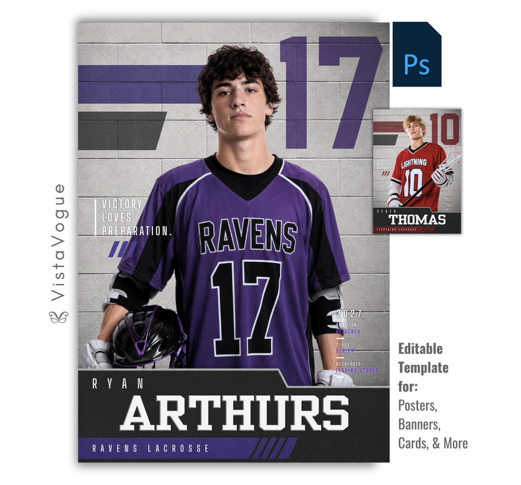Editable lacrosse poster Photoshop template featuring a textured gym wall background, oversized jersey number, varsity-inspired graphics, customizable player information, and a modern 5:7 sports design.