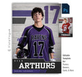 Editable lacrosse poster Photoshop template featuring a textured gym wall background, oversized jersey number, varsity-inspired graphics, customizable player information, and a modern 5:7 sports design.