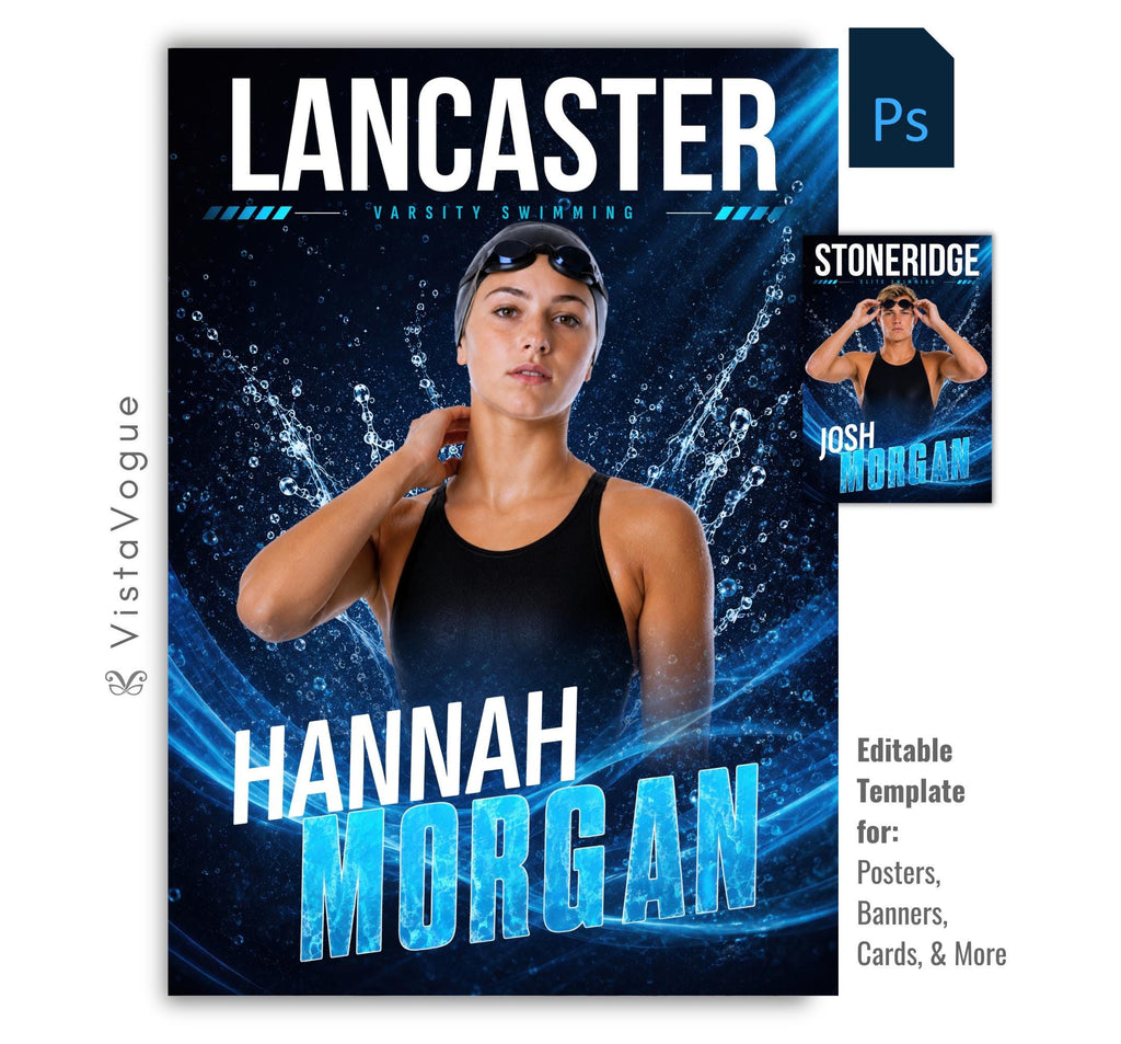 Customizable aquatic sports poster template for use in Photoshop. Unique water splash design  for creating personalized posters, banners, senior displays, cards, and more.