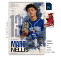 Editable baseball poster Photoshop template featuring dynamic smoke effects, oversized jersey number, customizable player information, and a modern 5:7 athlete recognition design.