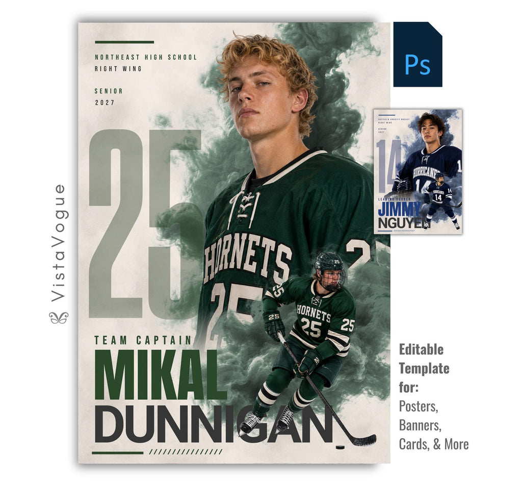 Editable hockey poster Photoshop template featuring dynamic smoke effects, oversized jersey number, customizable player information, and a modern 5:7 athlete recognition design.