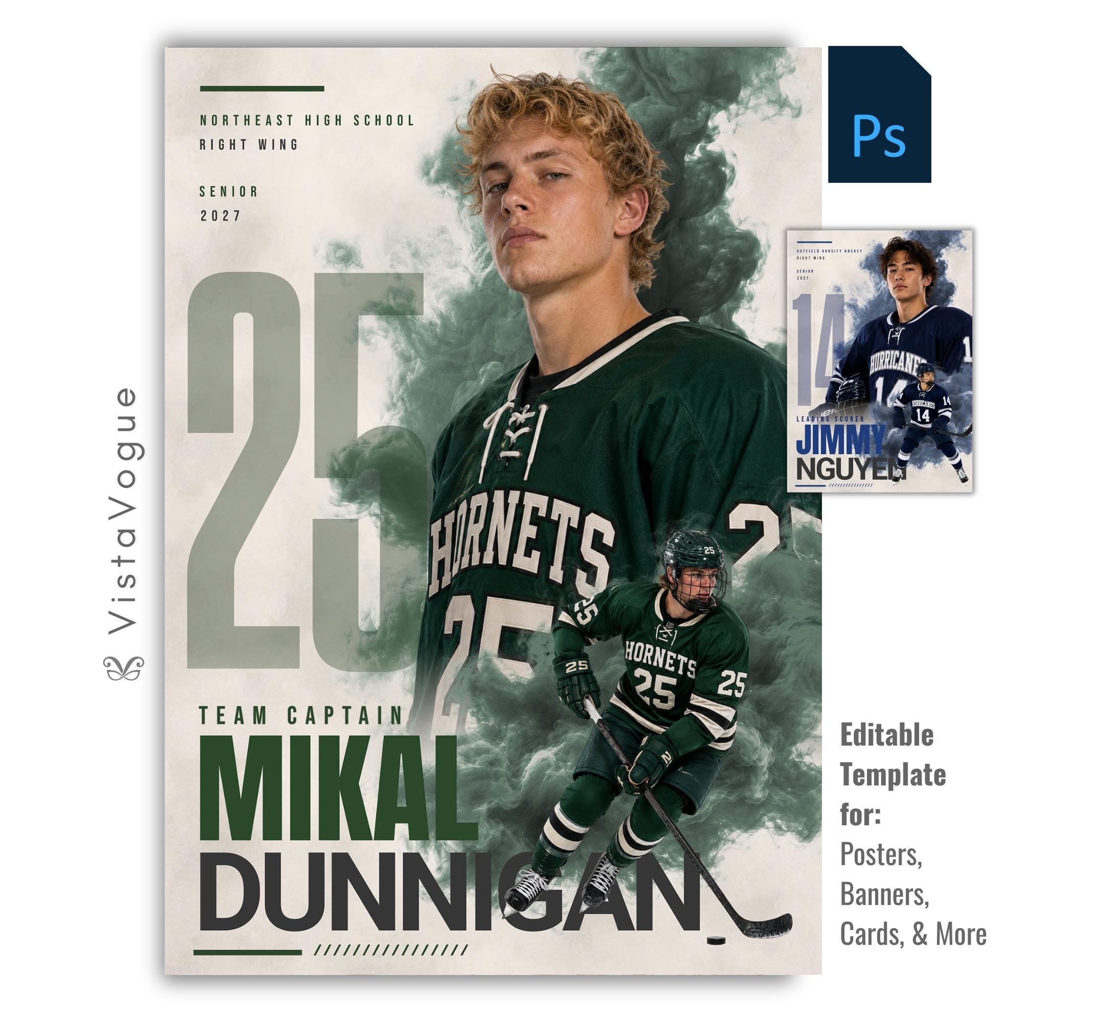 Editable hockey poster Photoshop template featuring dynamic smoke effects, oversized jersey number, customizable player information, and a modern 5:7 athlete recognition design.