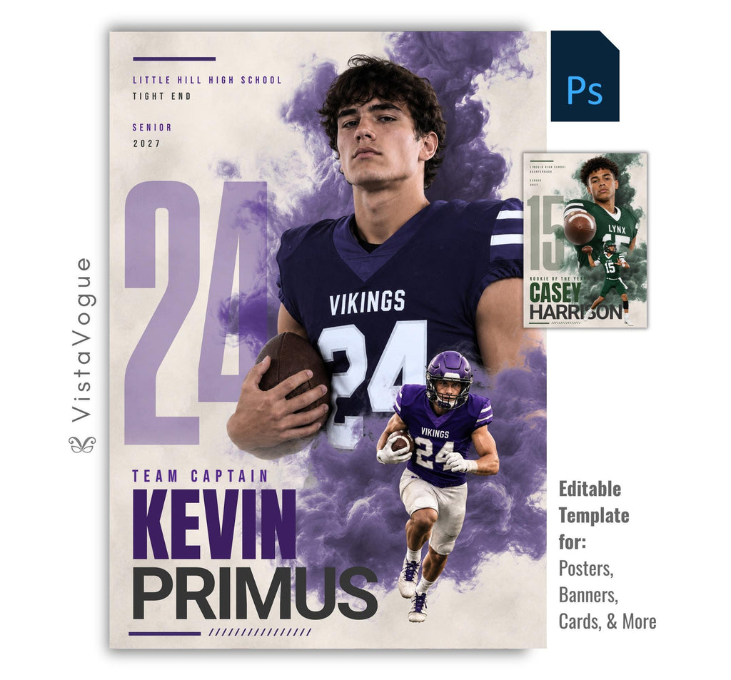 Editable football poster Photoshop template featuring dynamic smoke effects, oversized jersey number, customizable player information, and a modern 5:7 athlete recognition design.