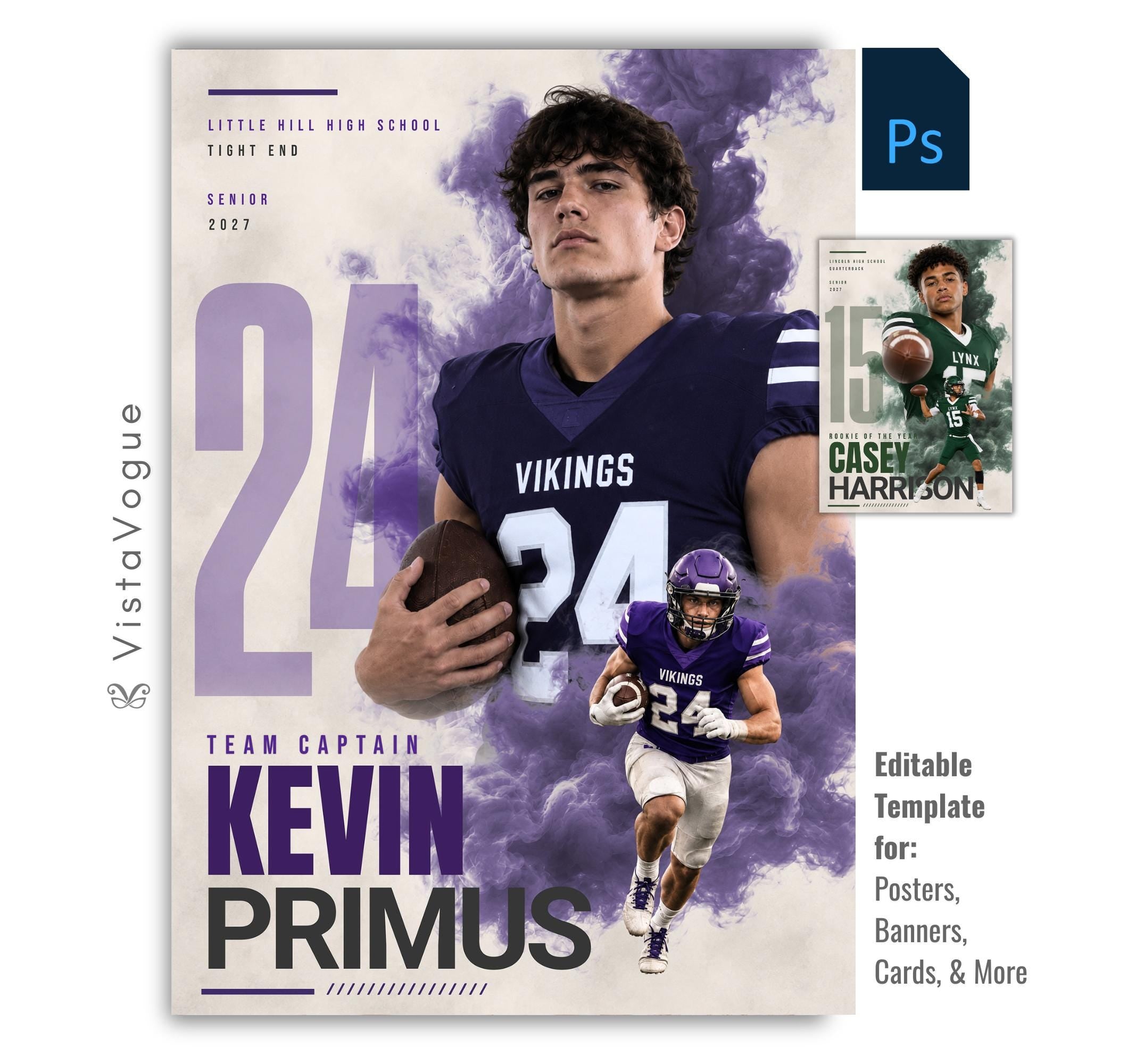 Editable football poster Photoshop template featuring dynamic smoke effects, oversized jersey number, customizable player information, and a modern 5:7 athlete recognition design.