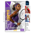 Editable tennis poster Photoshop template featuring bold geometric shapes, customizable player information, modern typography, and a premium 2:3 athlete recognition design.