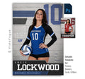 Editable volleyball poster Photoshop template featuring a textured gym wall background, oversized jersey number, varsity-inspired graphics, customizable player information, and a modern 5:7 sports design.