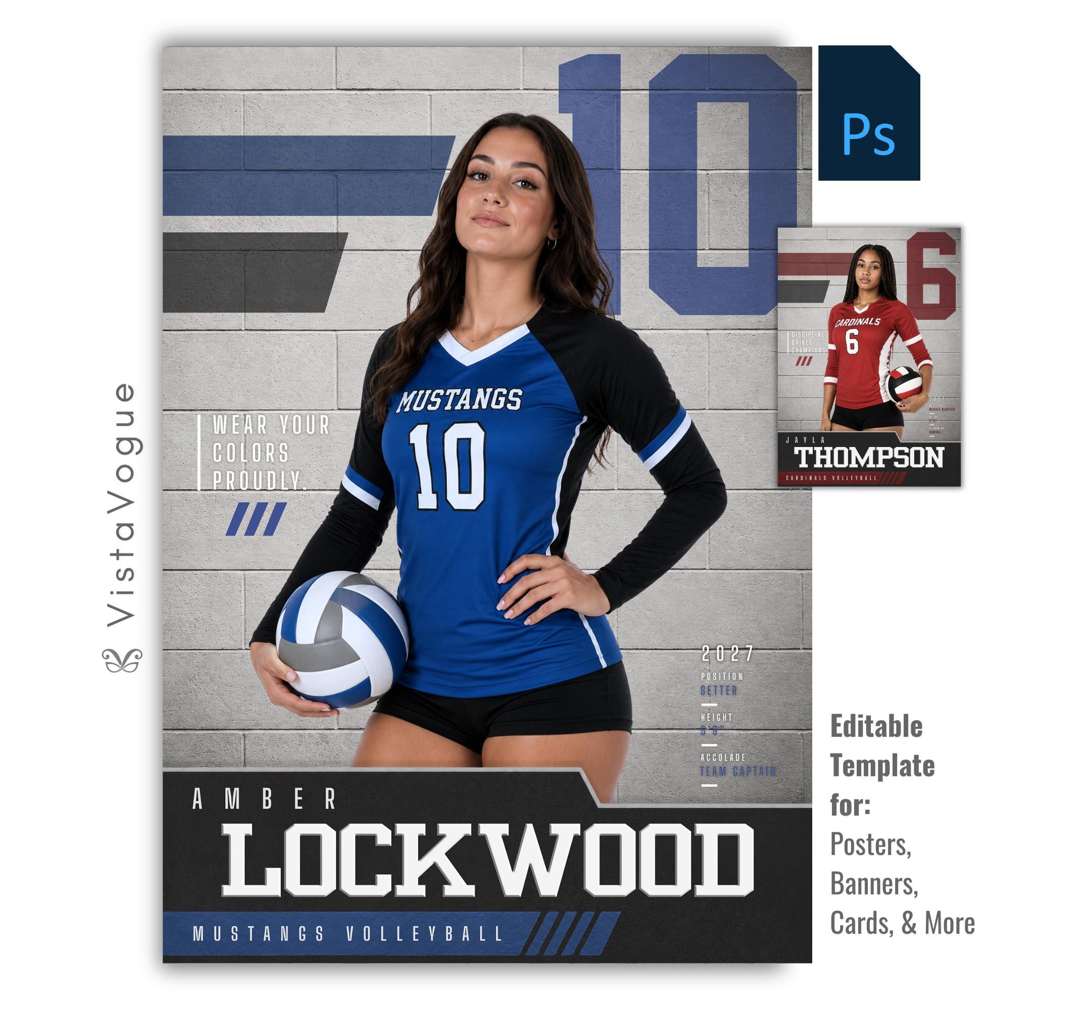 Editable volleyball poster Photoshop template featuring a textured gym wall background, oversized jersey number, varsity-inspired graphics, customizable player information, and a modern 5:7 sports design.