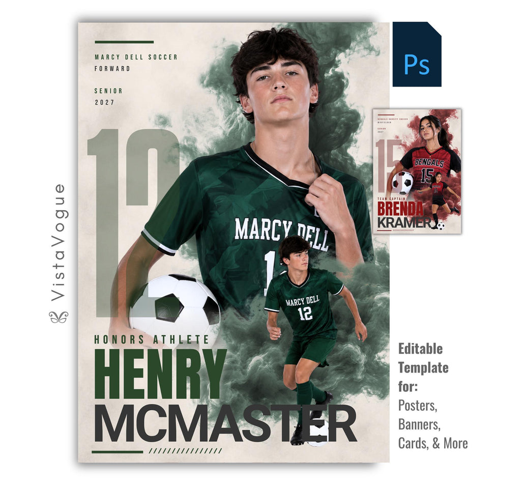 Editable soccer poster Photoshop template featuring dynamic smoke effects, oversized jersey number, customizable player information, and a modern 5:7 athlete recognition design.