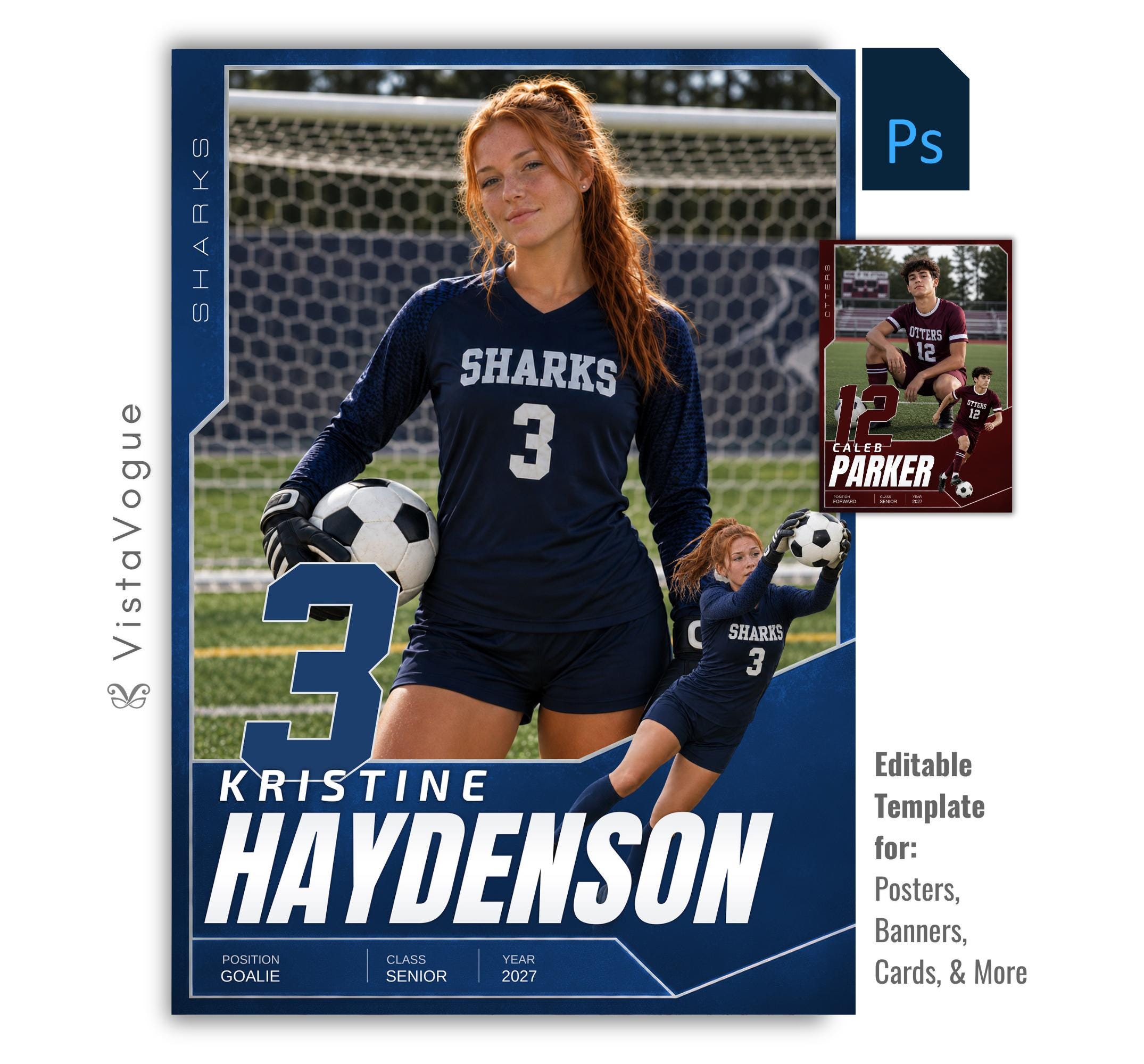 Editable soccer trading card Photoshop template featuring a oversized jersey number, layered player composition, customizable athlete information, and a modern 5:7 sports card design.