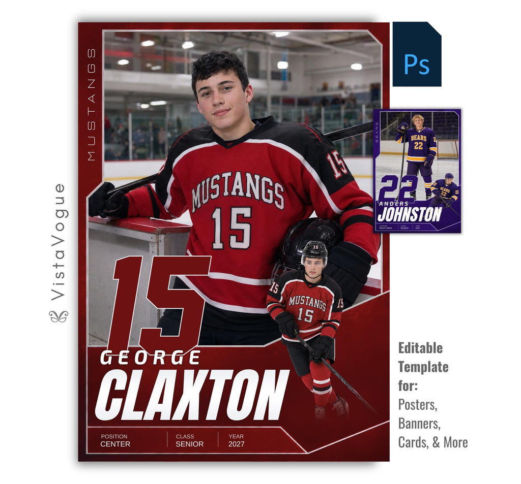 Editable hockey trading card Photoshop template featuring a oversized jersey number, layered player composition, customizable athlete information, and a modern 5:7 sports card design.