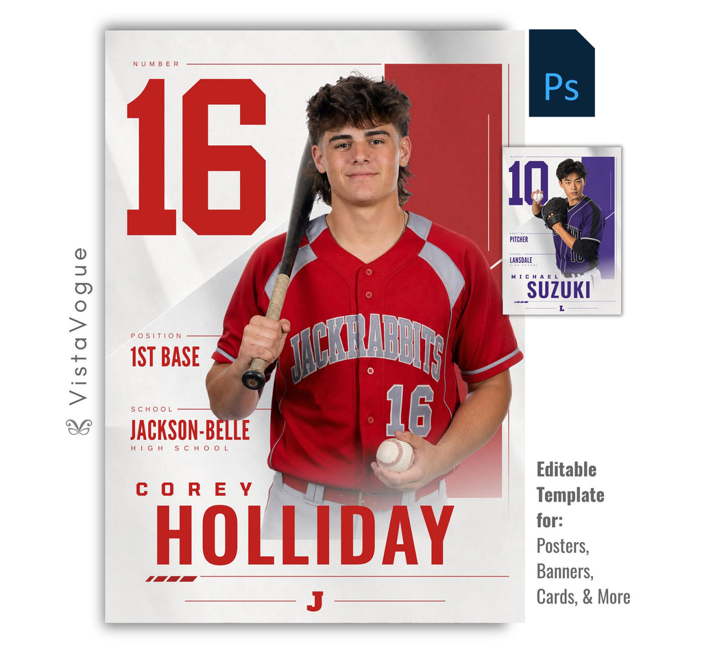 Editable baseball poster Photoshop template featuring oversized framing panels, clean editorial styling, customizable player information, and a modern 5:7 athlete recognition design.
