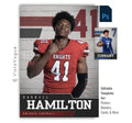 Editable football poster Photoshop template featuring a textured gym wall background, oversized jersey number, varsity-inspired graphics, customizable player information, and a modern 5:7 sports design.