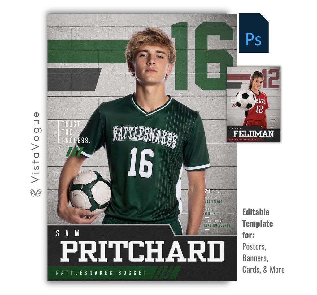 Editable soccer poster Photoshop template featuring a textured gym wall background, oversized jersey number, varsity-inspired graphics, customizable player information, and a modern 5:7 sports design.