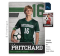 Editable soccer poster Photoshop template featuring a textured gym wall background, oversized jersey number, varsity-inspired graphics, customizable player information, and a modern 5:7 sports design.