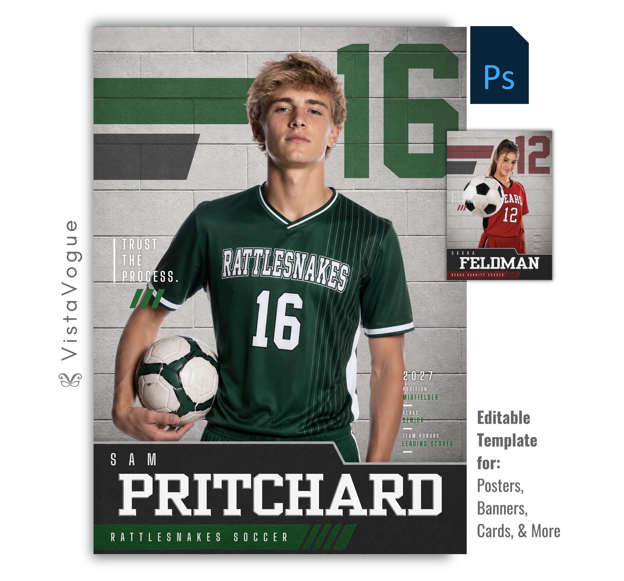 Editable soccer poster Photoshop template featuring a textured gym wall background, oversized jersey number, varsity-inspired graphics, customizable player information, and a modern 5:7 sports design.