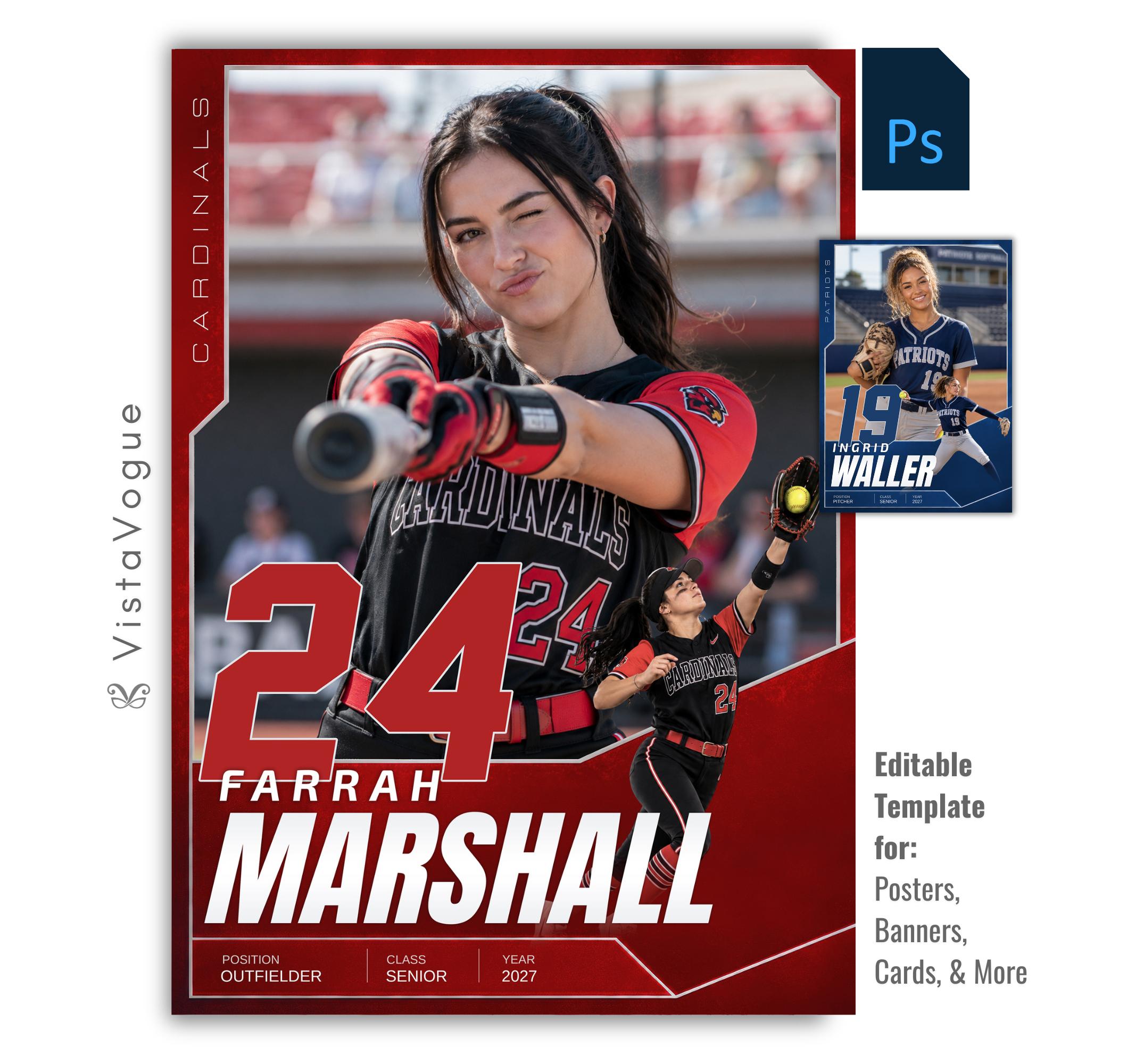 Editable softball trading card Photoshop template featuring a oversized jersey number, layered player composition, customizable athlete information, and a modern 5:7 sports card design.