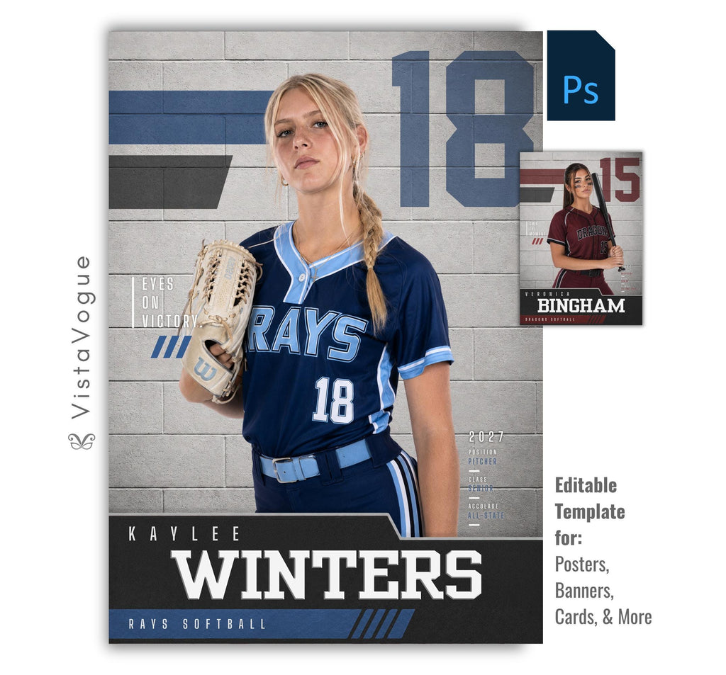 Editable softball poster Photoshop template featuring a textured gym wall background, oversized jersey number, varsity-inspired graphics, customizable player information, and a modern 5:7 sports design.