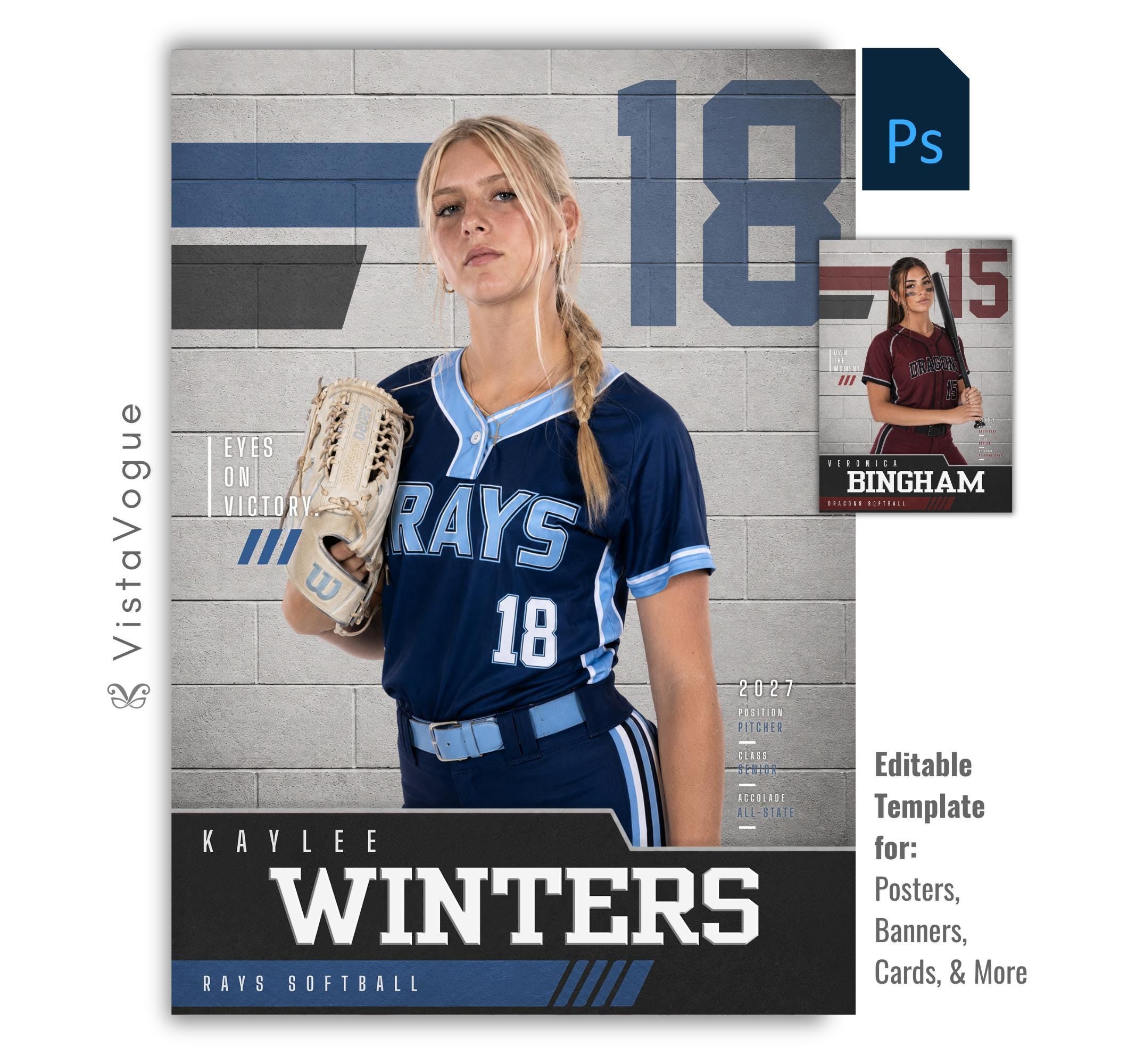 Editable softball poster Photoshop template featuring a textured gym wall background, oversized jersey number, varsity-inspired graphics, customizable player information, and a modern 5:7 sports design.