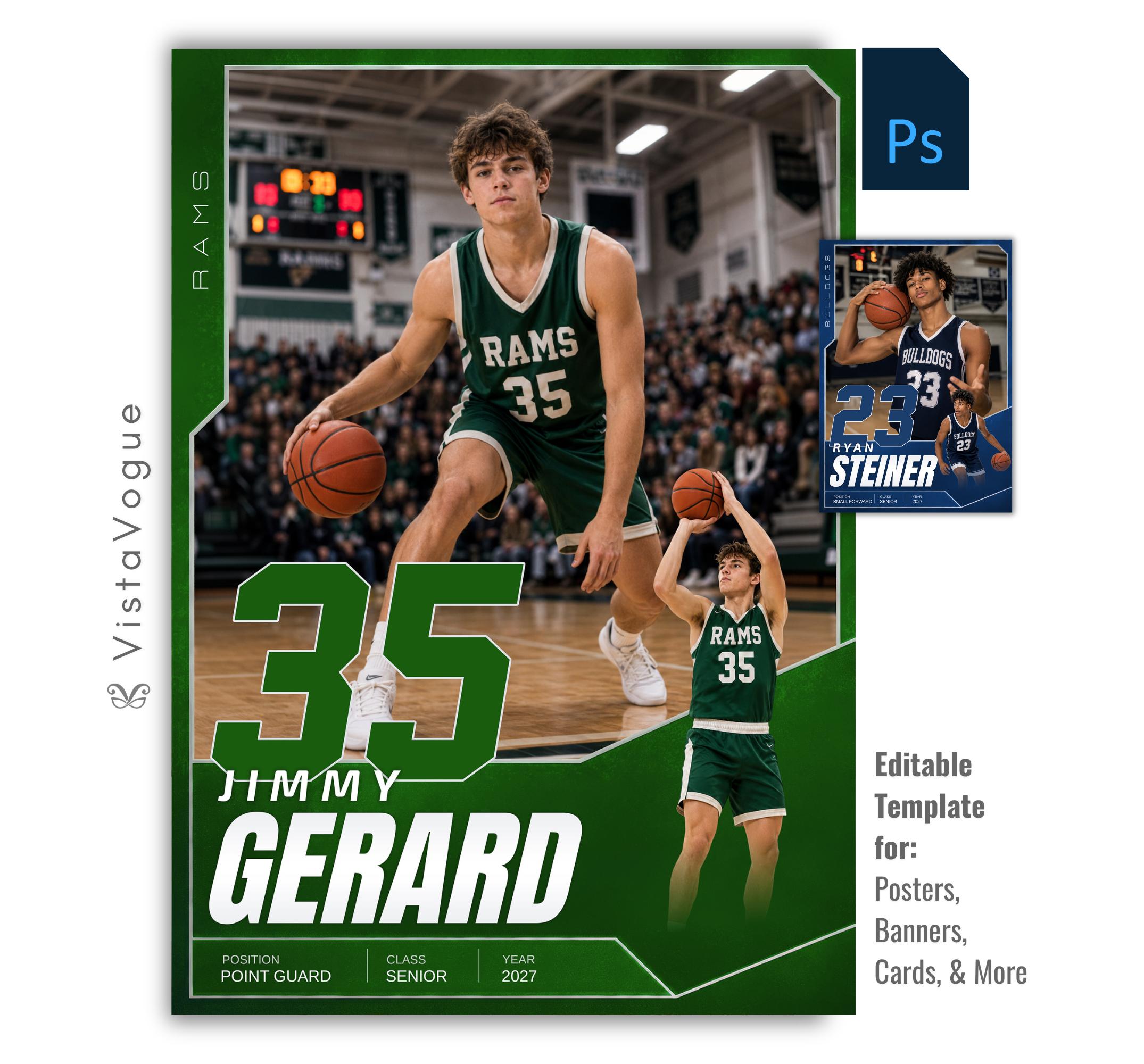Editable basketball trading card Photoshop template featuring a oversized jersey number, layered player composition, customizable athlete information, and a modern 5:7 sports card design.