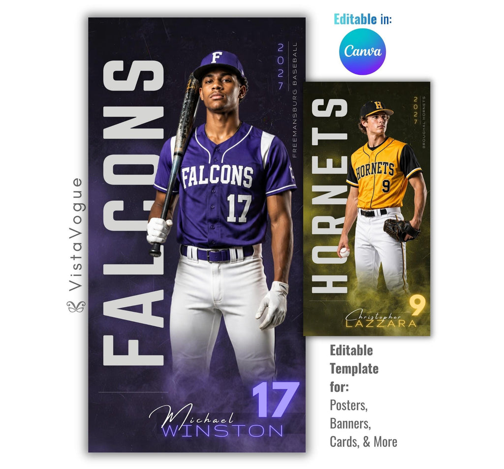 Editable baseball banner Canva template with dramatic lighting, smoky background effects, oversized typography, and a customizable 1:2 vertical player banner layout for senior night displays and locker banners.