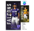 Editable baseball banner Canva template with dramatic lighting, smoky background effects, oversized typography, and a customizable 1:2 vertical player banner layout for senior night displays and locker banners.