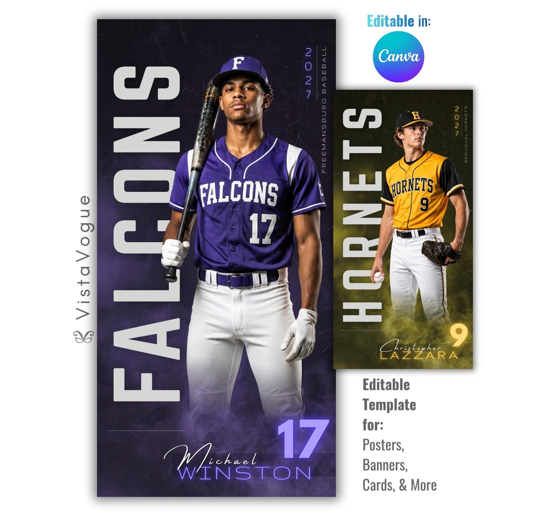 Editable baseball banner Canva template with dramatic lighting, smoky background effects, oversized typography, and a customizable 1:2 vertical player banner layout for senior night displays and locker banners.