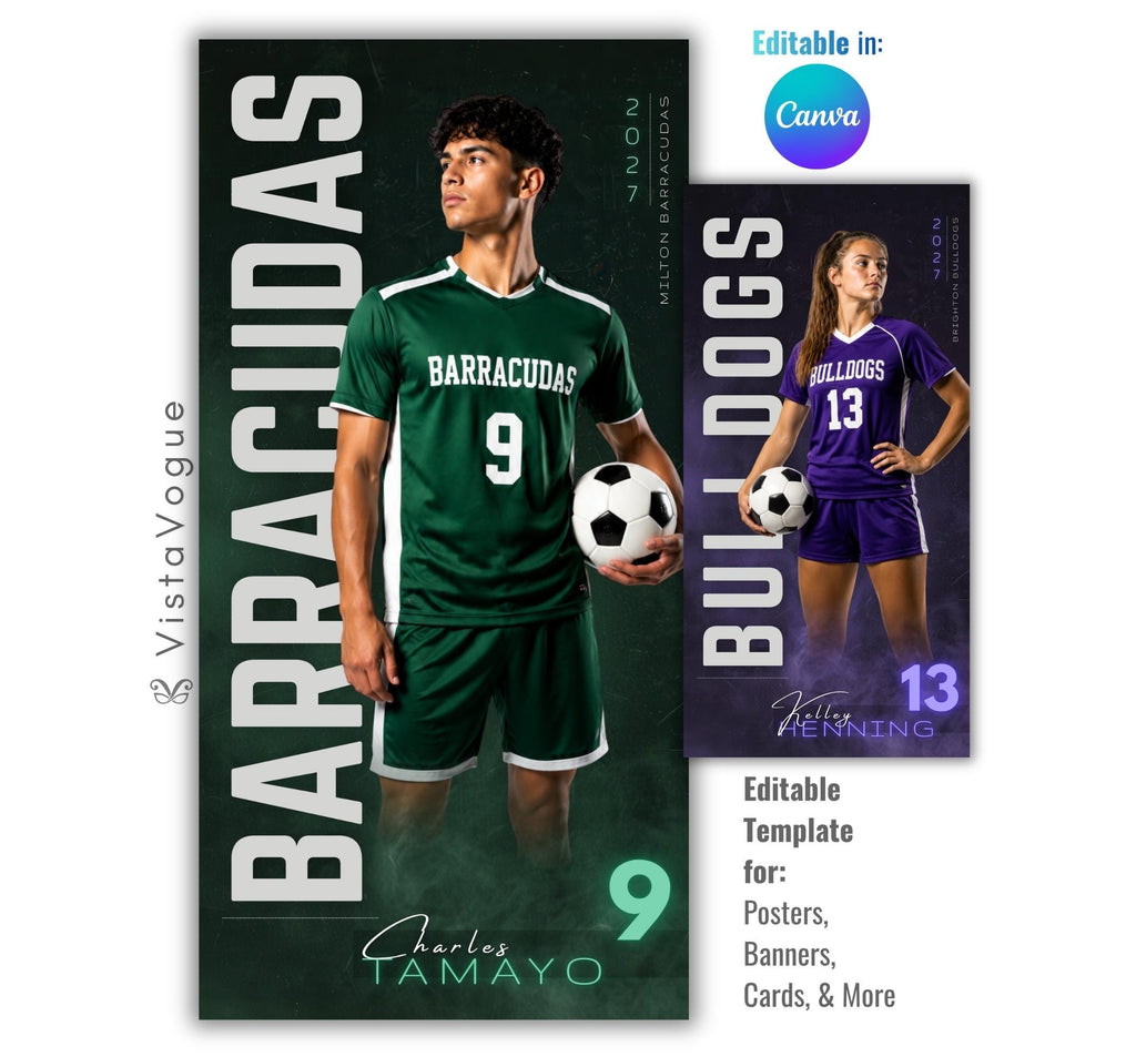 Editable soccer banner Canva template with dramatic lighting, smoky background effects, oversized typography, and a customizable 1:2 vertical player banner layout for senior night displays and locker banners.