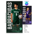 Editable soccer banner Canva template with dramatic lighting, smoky background effects, oversized typography, and a customizable 1:2 vertical player banner layout for senior night displays and locker banners.
