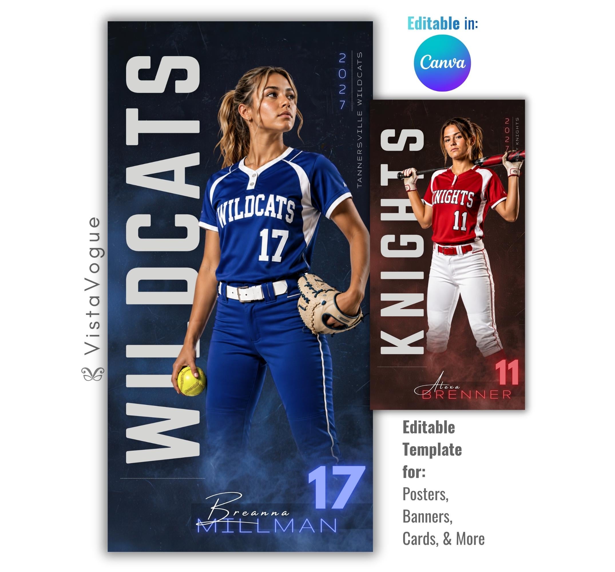 Editable softball banner Canva template with dramatic lighting, smoky background effects, oversized typography, and a customizable 1:2 vertical player banner layout for senior night displays and locker banners.