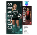 Editable volleyball banner Canva template with dramatic lighting, smoky background effects, oversized typography, and a customizable 1:2 vertical player banner layout for senior night displays and locker banners.