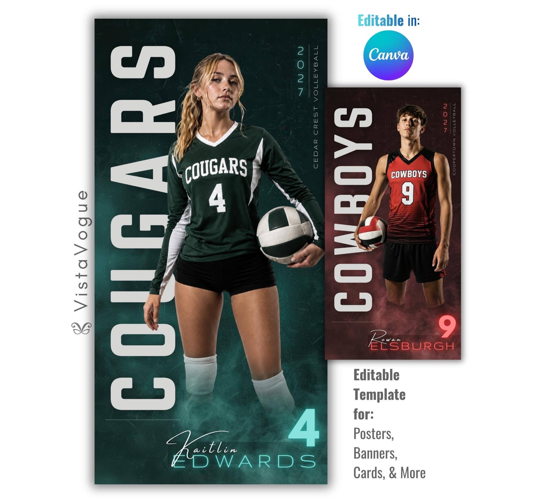 Editable volleyball banner Canva template with dramatic lighting, smoky background effects, oversized typography, and a customizable 1:2 vertical player banner layout for senior night displays and locker banners.
