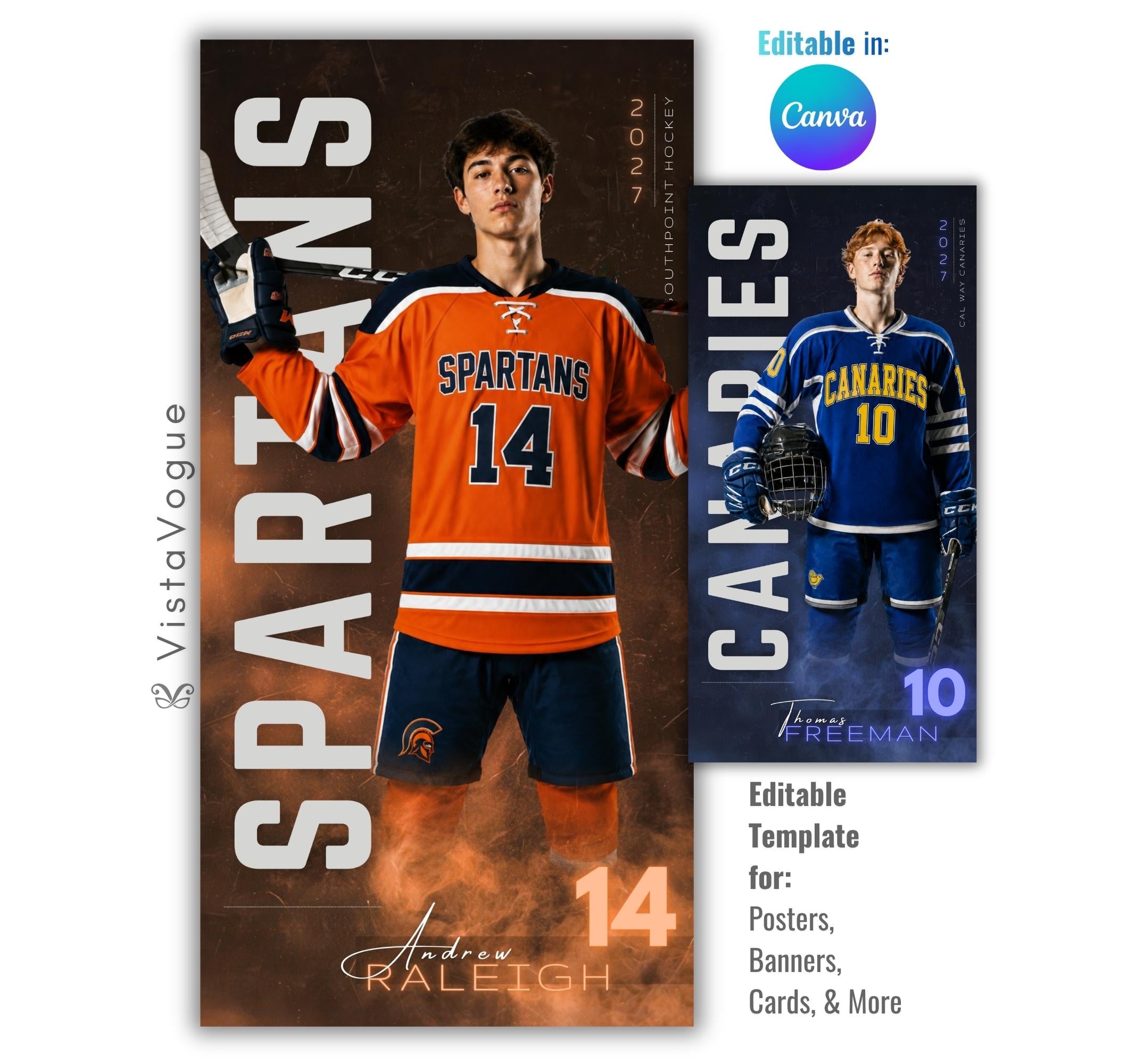 Editable hockey banner Canva template with dramatic lighting, smoky background effects, oversized typography, and a customizable 1:2 vertical player banner layout for senior night displays and locker banners.
