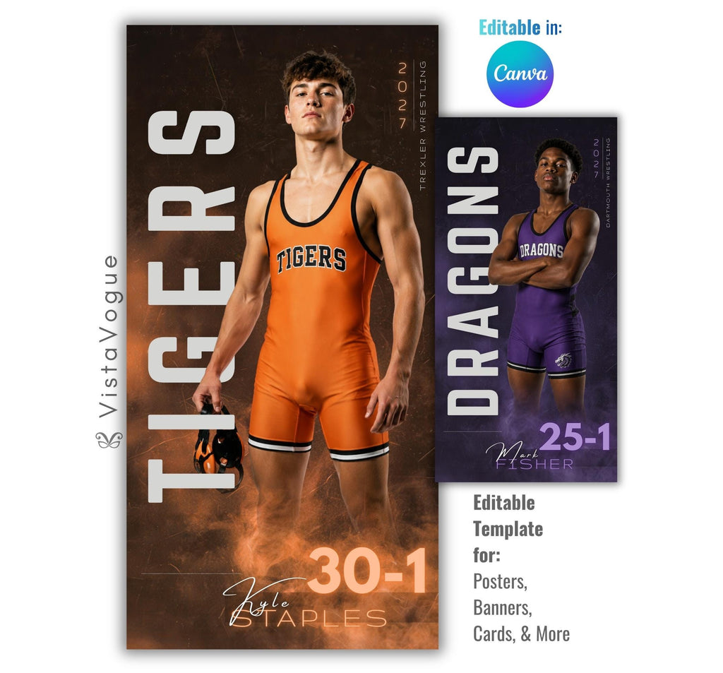 Editable wrestling banner Canva template with dramatic lighting, smoky background effects, oversized typography, and a customizable 1:2 vertical player banner layout for senior night displays and locker banners.
