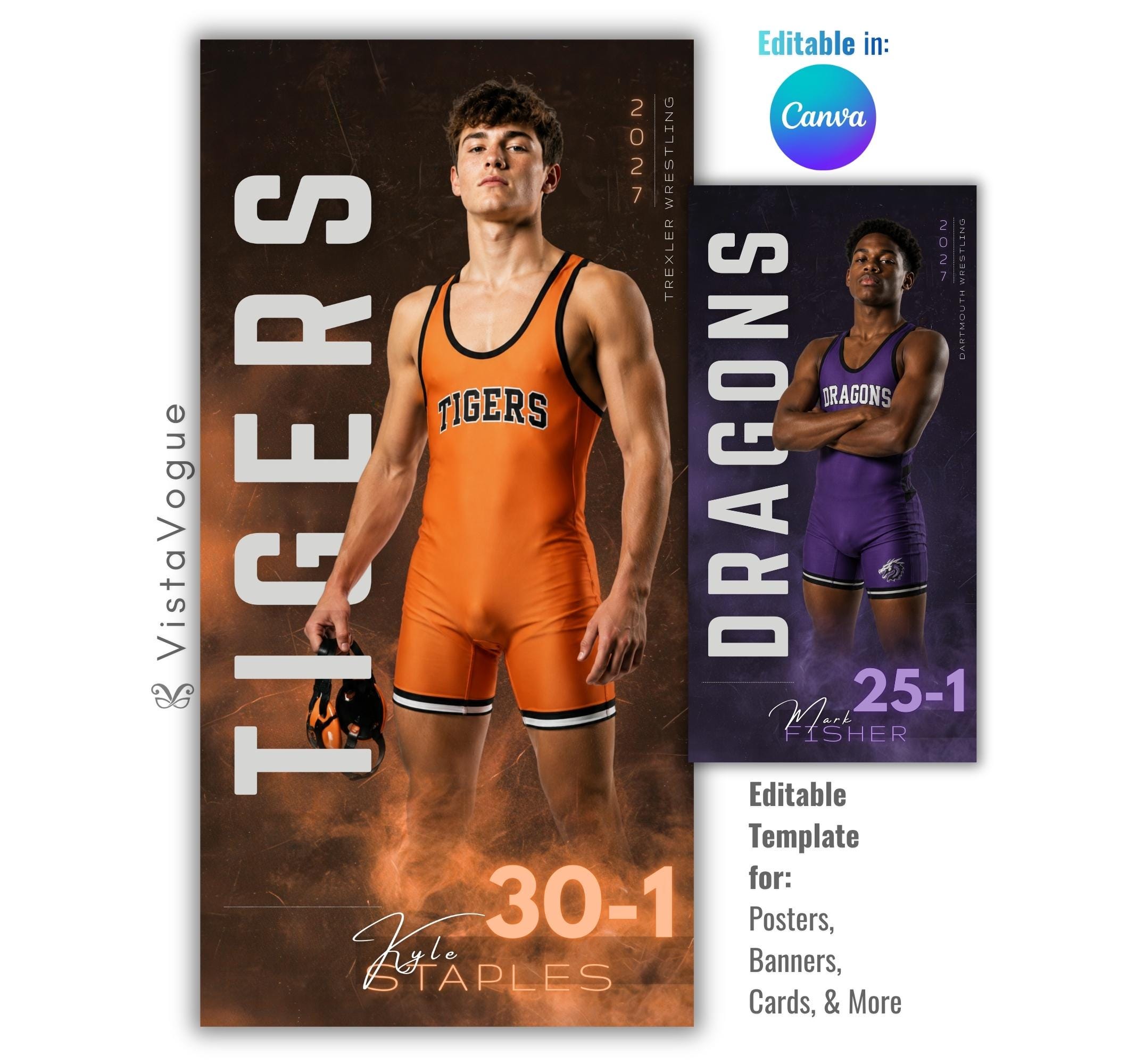 Editable wrestling banner Canva template with dramatic lighting, smoky background effects, oversized typography, and a customizable 1:2 vertical player banner layout for senior night displays and locker banners.