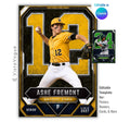 Baseball trading card Canva template featuring a customizable player card with oversized jersey number, editable text, and modern sports design.