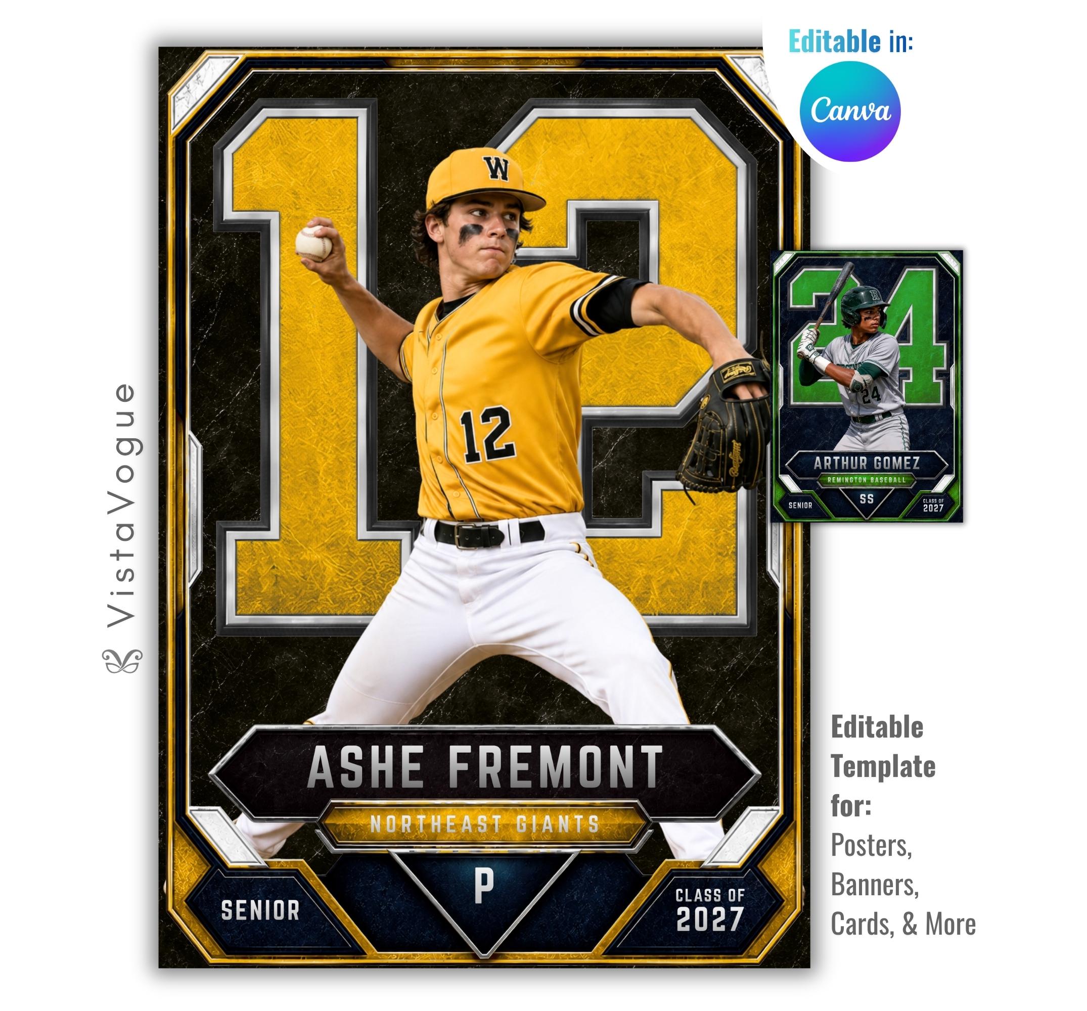 Baseball trading card Canva template featuring a customizable player card with oversized jersey number, editable text, and modern sports design.