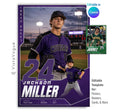 Editable baseball trading card Canva template featuring oversized jersey numbers, layered athlete photos, customizable team colors, and a modern 5:7 sports card design for senior night posters and memory mates.