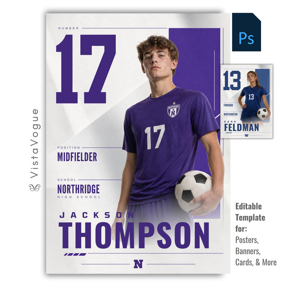 Editable soccer poster Photoshop template featuring oversized framing panels, clean editorial styling, customizable player information, and a modern 5:7 athlete recognition design.