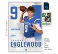 Editable football poster Photoshop template featuring oversized framing panels, clean editorial styling, customizable player information, and a modern 5:7 athlete recognition design.