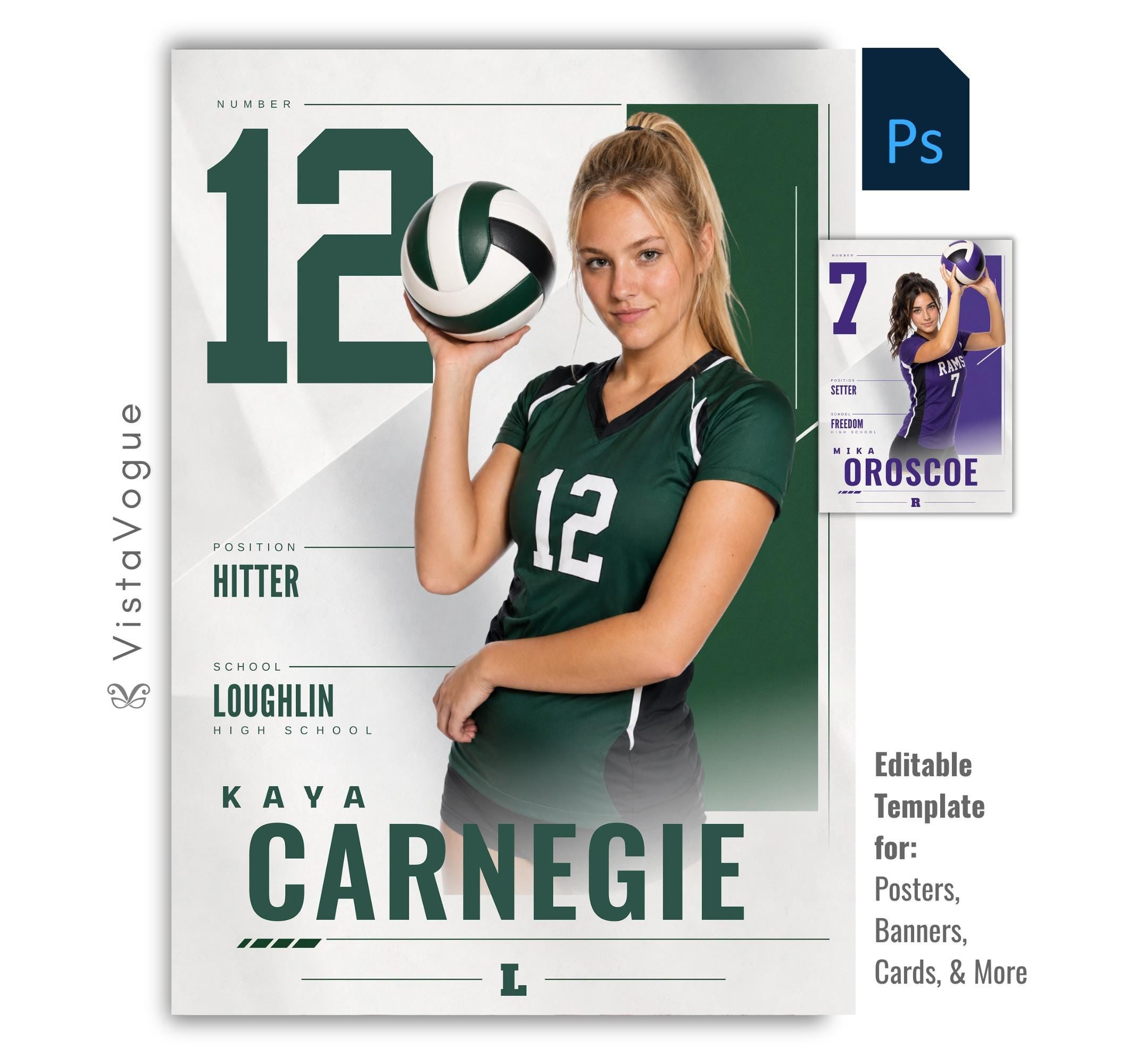 Editable volleyball poster Photoshop template featuring oversized framing panels, clean editorial styling, customizable player information, and a modern 5:7 athlete recognition design.