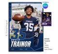Editable football trading card Canva template featuring oversized jersey numbers, layered athlete photos, customizable team colors, and a modern 5:7 sports card design for senior night posters and memory mates.