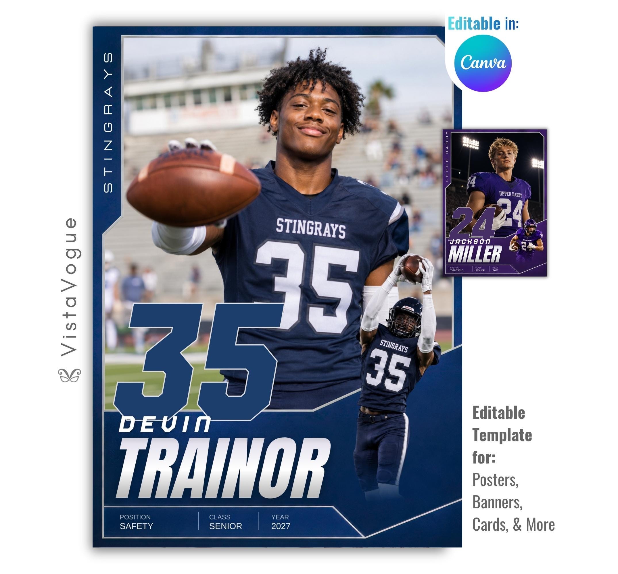 Editable football trading card Canva template featuring oversized jersey numbers, layered athlete photos, customizable team colors, and a modern 5:7 sports card design for senior night posters and memory mates.