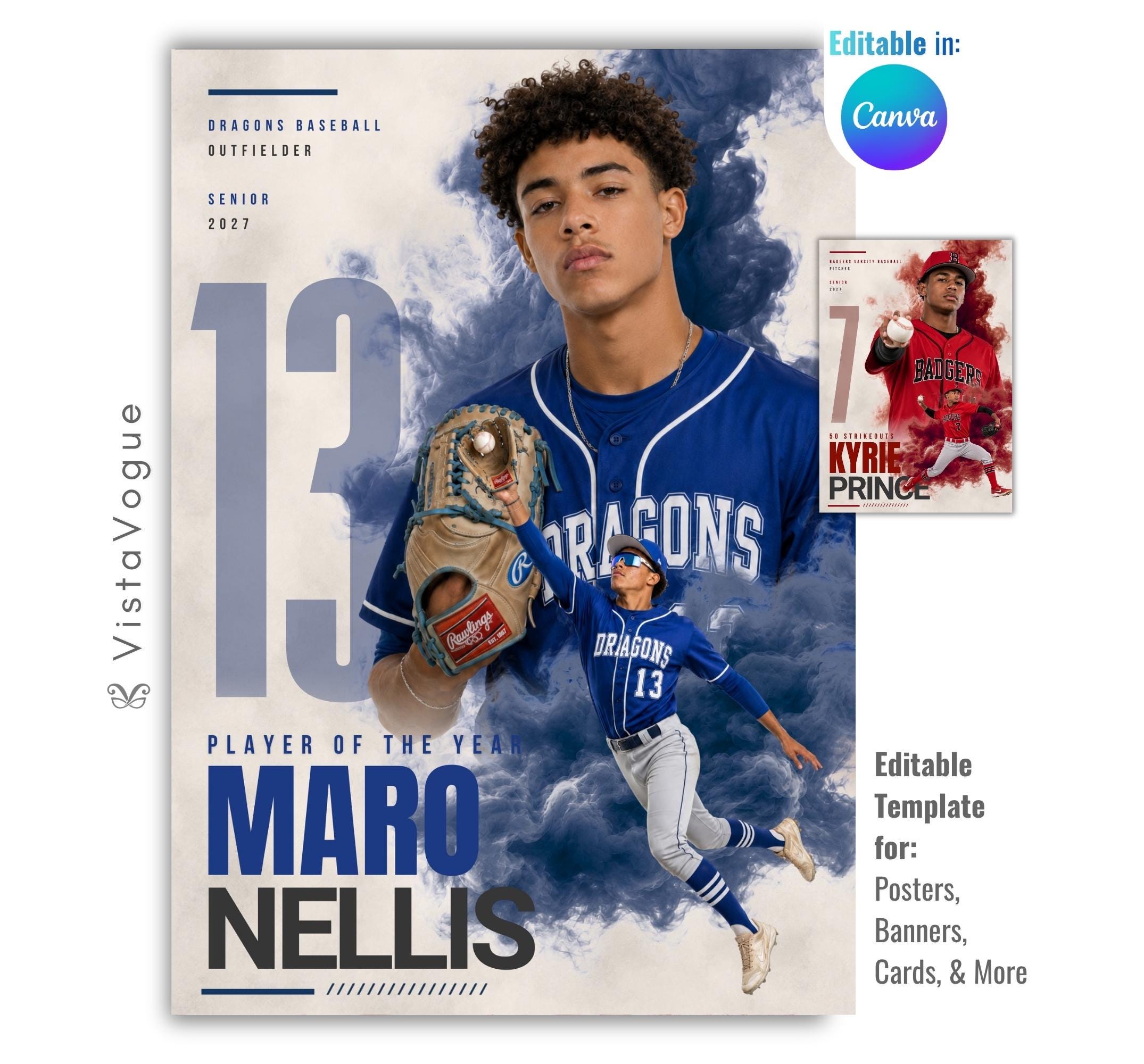 Editable baseball poster Canva template featuring a smoky athlete collage, oversized jersey number, bold player name, and multiple football photos in a 5:7 layout.
