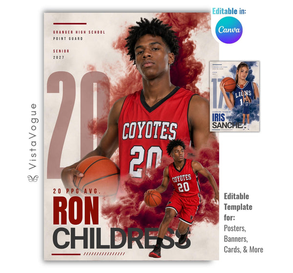 Editable basketball poster Canva template featuring a smoky athlete collage, oversized jersey number, bold player name, and multiple football photos in a 5:7 layout.